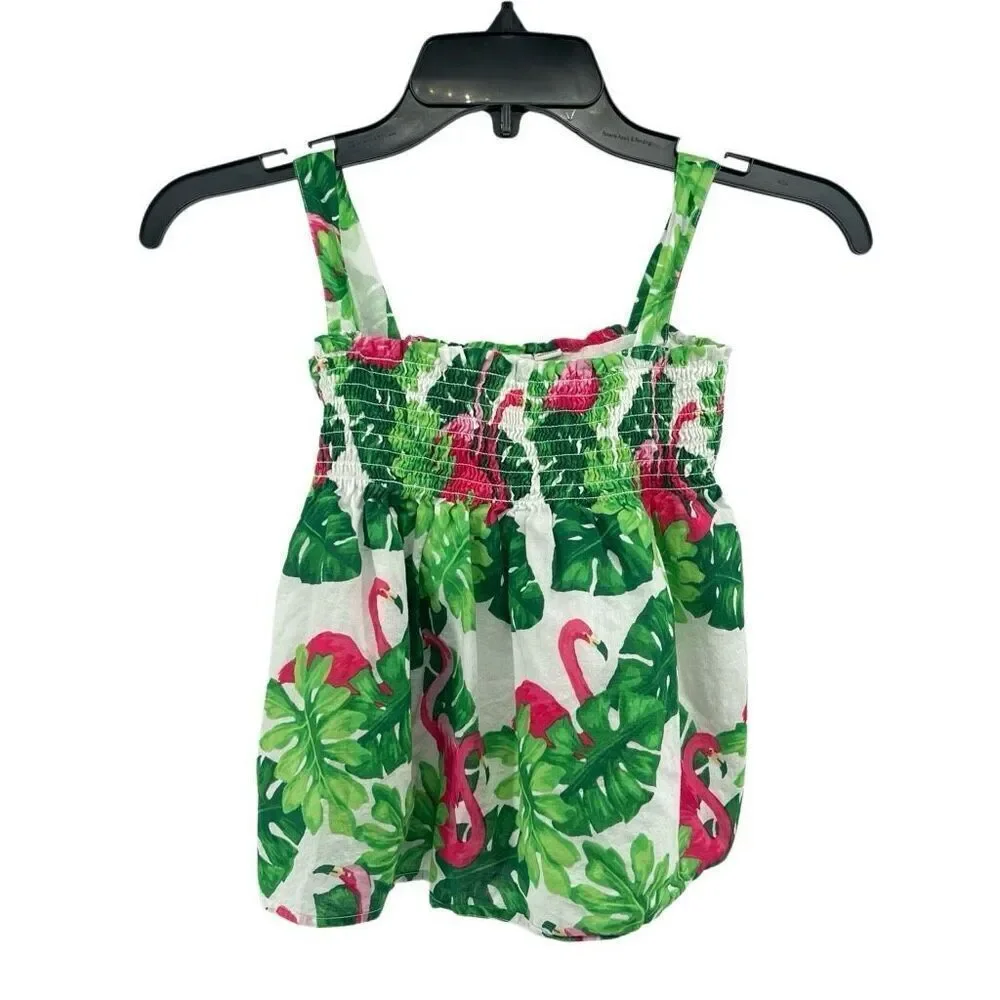 Janie and Jack Girls Tropical Flamingo Smocked Sleeveless Top Size 7 100% Cotton